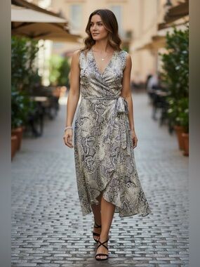 WHITE HOUSE BLACK MARKET Gray Snakeskin Print High Low Hem Wrap Dress Sz 12 Lg